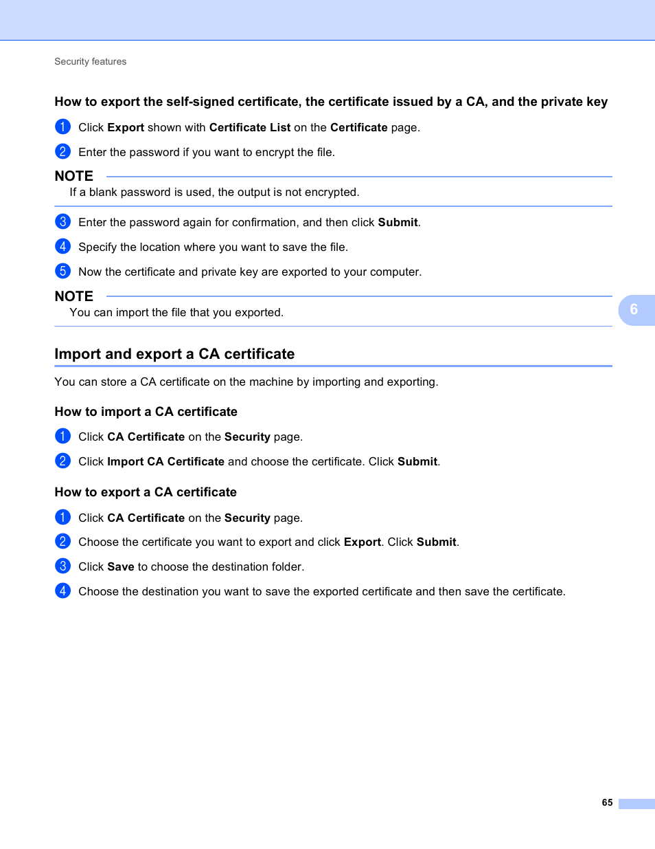 Import and export a ca certificate, How to import a ca certificate, How to export a ca certificate | Brother HL-3140CW User Manual | Page 71 / 117