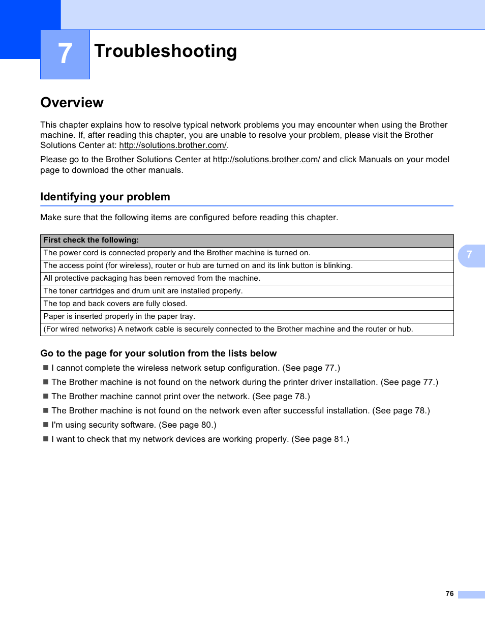 7 troubleshooting, Overview, Identifying your problem | Troubleshooting | Brother HL-3140CW User Manual | Page 82 / 117
