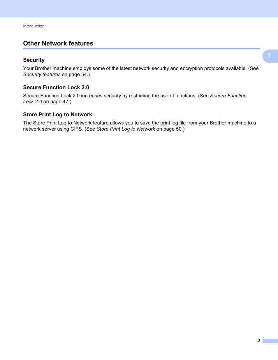 Other network features, Security, Secure function lock 2.0 | Store print log to network, 1other network features | Brother HL-3140CW User Manual | Page 9 / 117