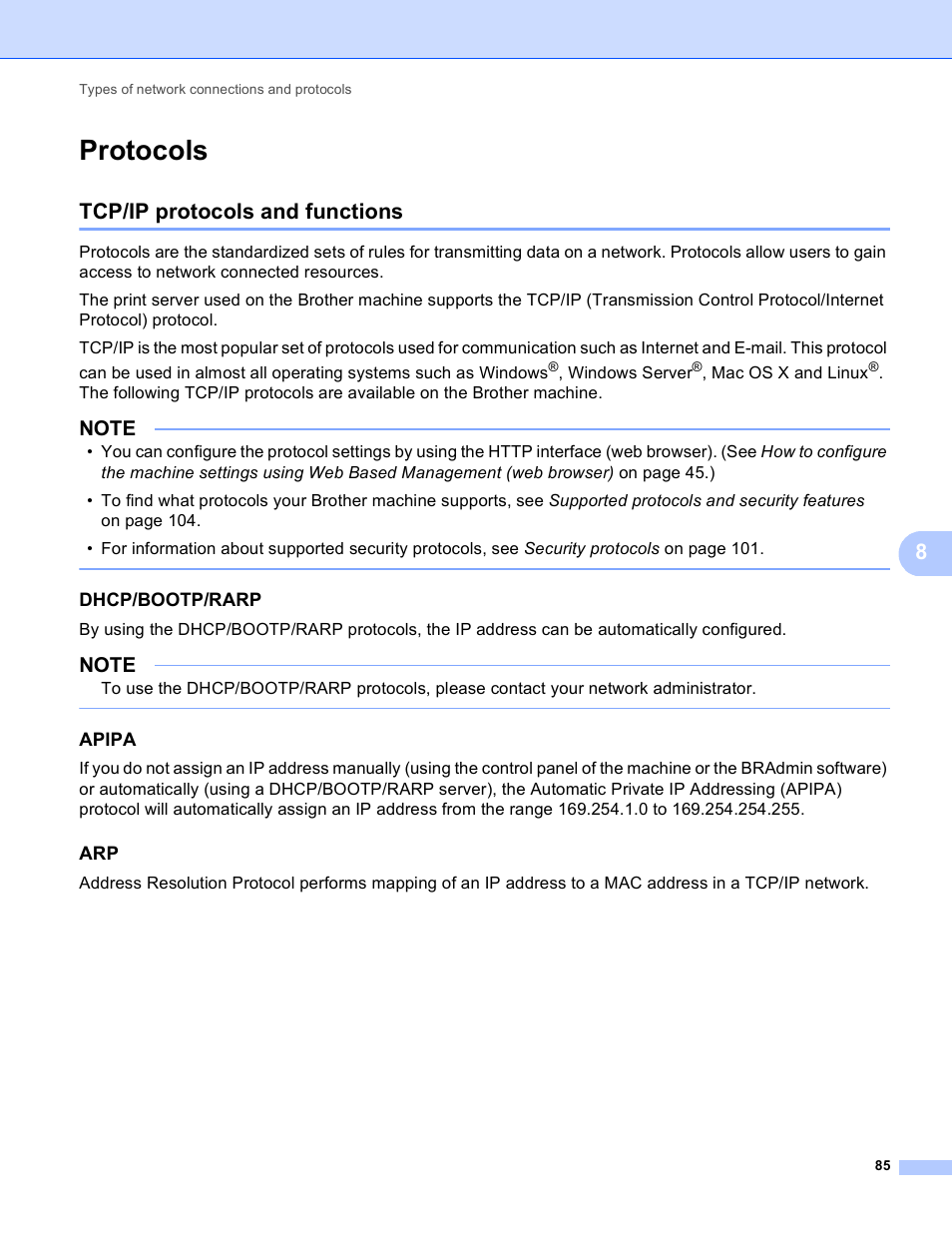 Protocols, Tcp/ip protocols and functions, Dhcp/bootp/rarp | Apipa | Brother HL-3140CW User Manual | Page 91 / 117