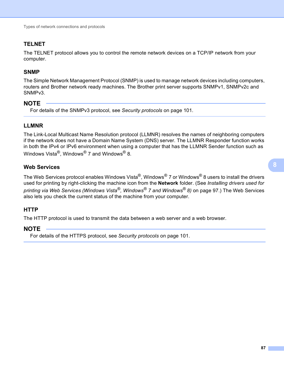 Telnet, Snmp, Llmnr | Web services, Http | Brother HL-3140CW User Manual | Page 93 / 117