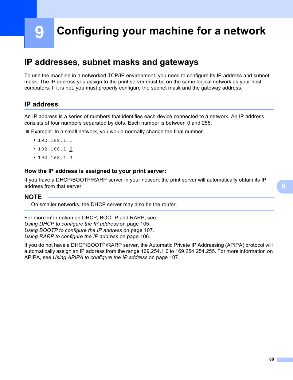 9 configuring your machine for a network, Ip addresses, subnet masks and gateways, Ip address | Configuring your machine for a network | Brother HL-3140CW User Manual | Page 95 / 117