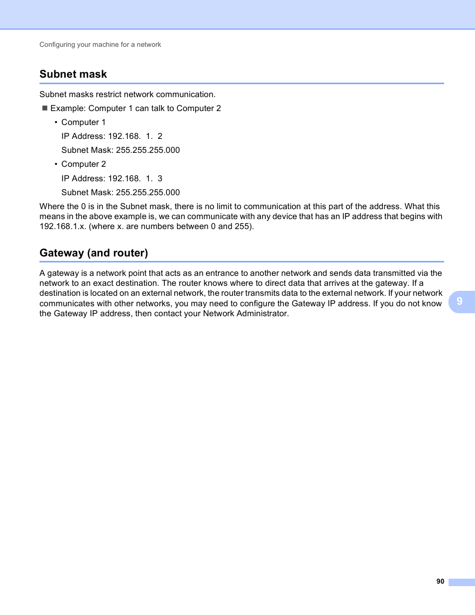 Subnet mask, Gateway (and router), Subnet mask gateway (and router) | 9subnet mask | Brother HL-3140CW User Manual | Page 96 / 117