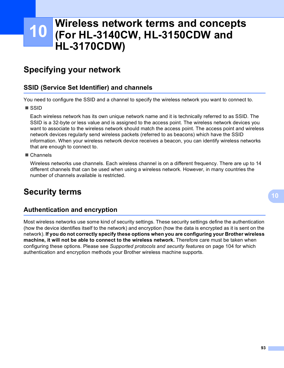 Specifying your network, Ssid (service set identifier) and channels, Security terms | Authentication and encryption | Brother HL-3140CW User Manual | Page 99 / 117