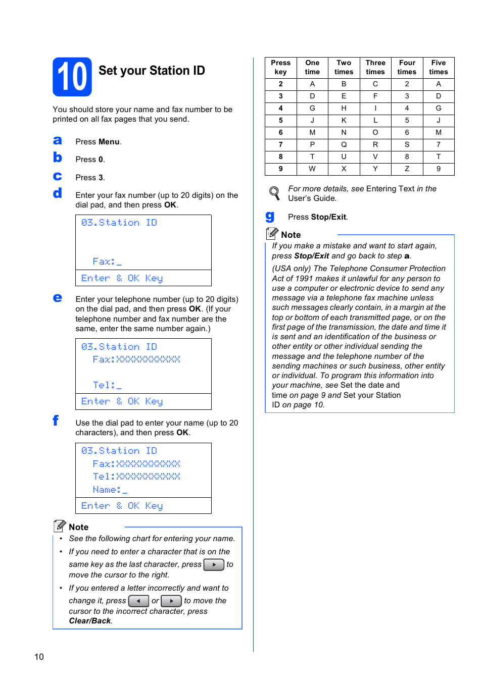 10 set your station id, Set your station id, Station id fax:_ enter & ok key | Brother MFC 8480DN User Manual | Page 10 / 34