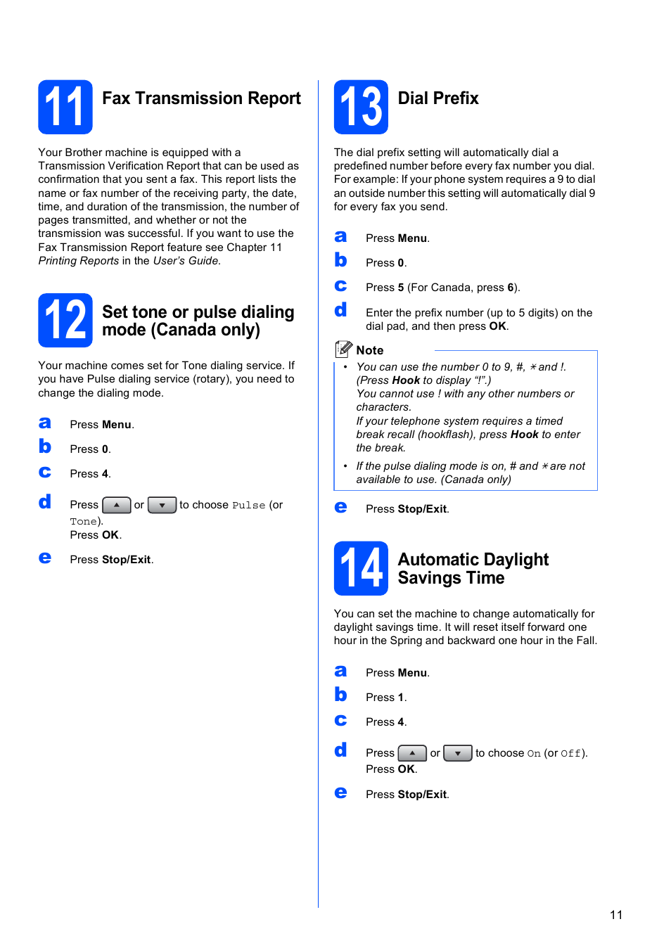 11 fax transmission report, 12 set tone or pulse dialing mode (canada only), 13 dial prefix | 14 automatic daylight savings time | Brother MFC 8480DN User Manual | Page 11 / 34