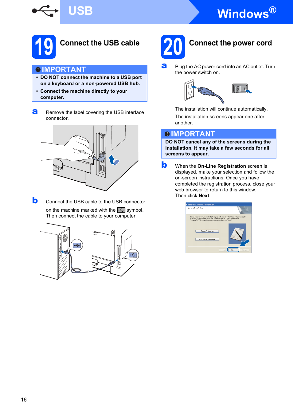 19 connect the usb cable, 20 connect the power cord, Windows | Brother MFC 8480DN User Manual | Page 16 / 34