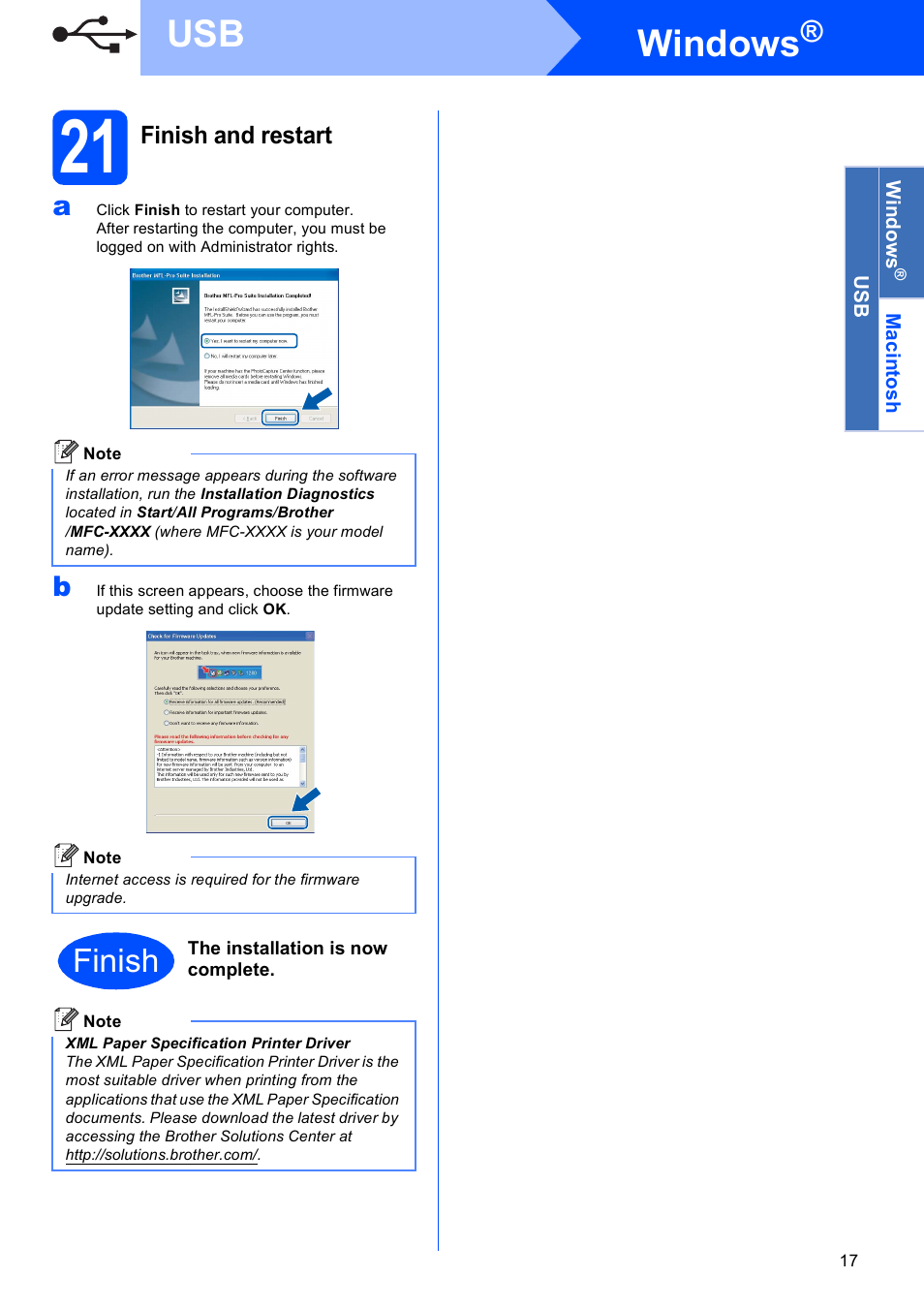 21 finish and restart, Windows, Finish | Brother MFC 8480DN User Manual | Page 17 / 34