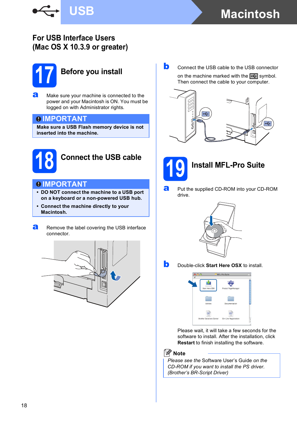 17 before you install, 18 connect the usb cable, 19 install mfl-pro suite | Macintosh usb | Brother MFC 8480DN User Manual | Page 18 / 34