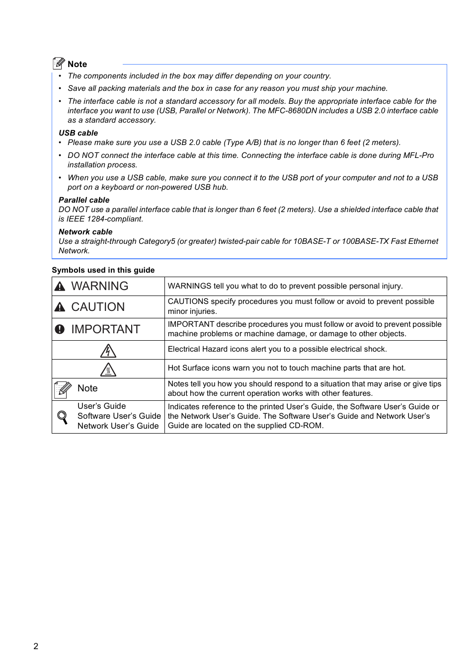 Warning caution important | Brother MFC 8480DN User Manual | Page 2 / 34