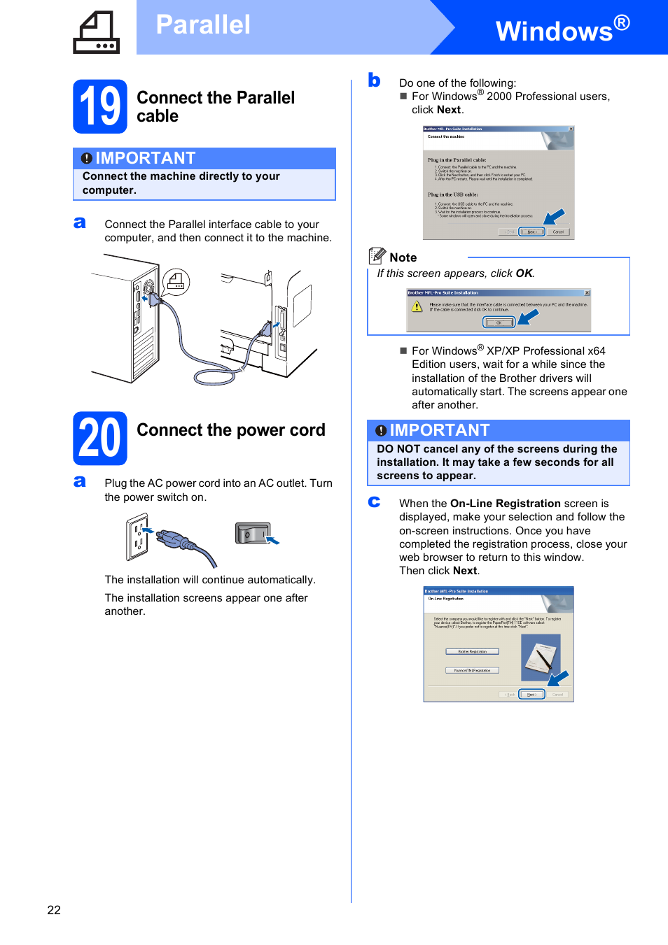 19 connect the parallel cable, 20 connect the power cord, Windows | Parallel | Brother MFC 8480DN User Manual | Page 22 / 34