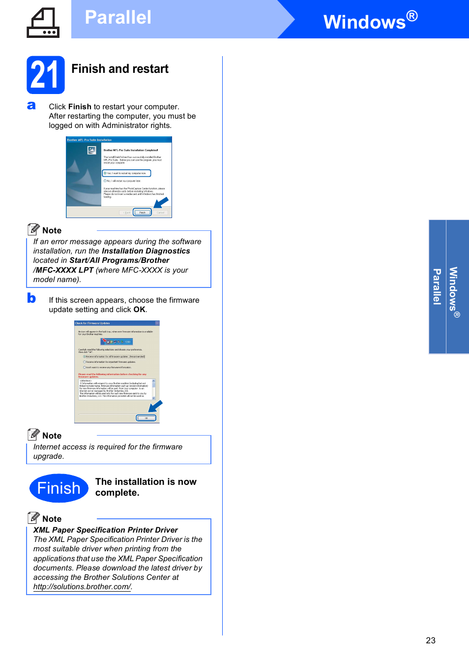 21 finish and restart, Windows, Parallel | Finish | Brother MFC 8480DN User Manual | Page 23 / 34