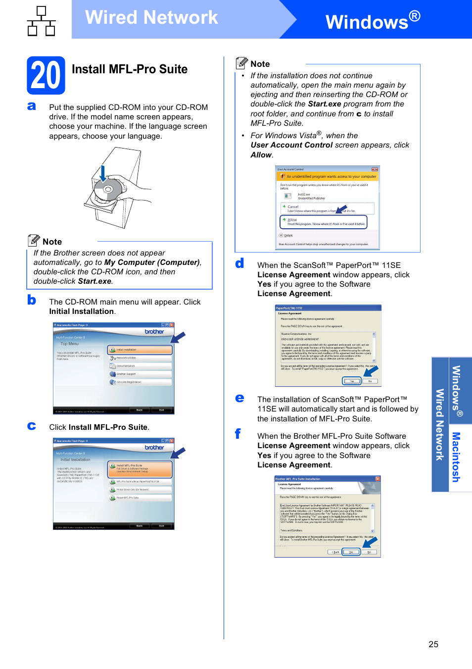 20 install mfl-pro suite, Windows, Wired network | Brother MFC 8480DN User Manual | Page 25 / 34