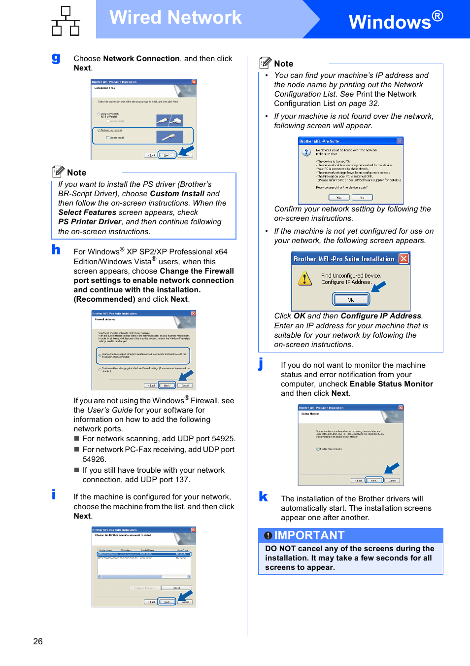 Windows, Wired network, Important | Brother MFC 8480DN User Manual | Page 26 / 34