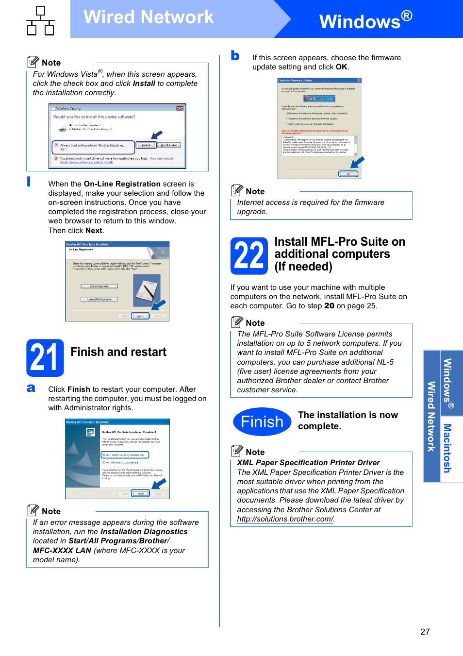 21 finish and restart, Windows, Wired network | Finish | Brother MFC 8480DN User Manual | Page 27 / 34