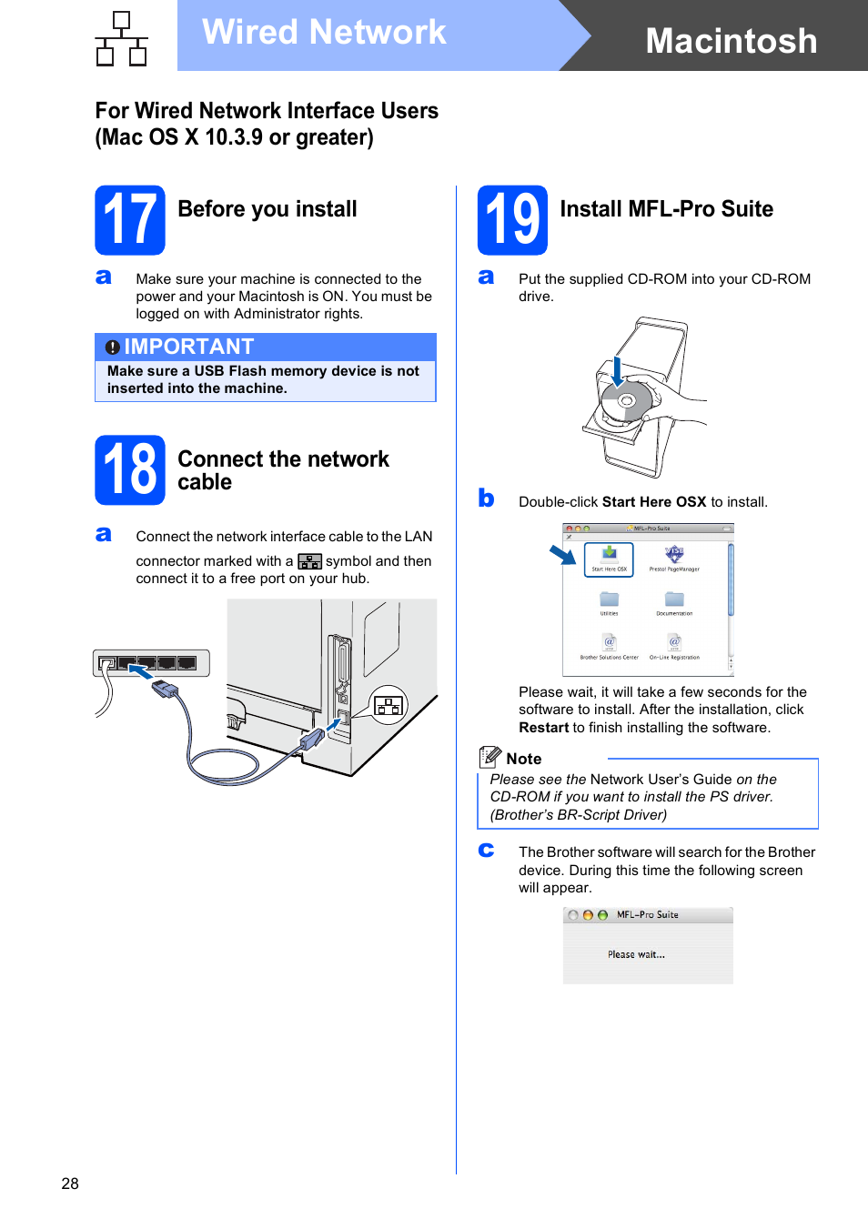 17 before you install, 18 connect the network cable, 19 install mfl-pro suite | Macintosh wired network | Brother MFC 8480DN User Manual | Page 28 / 34