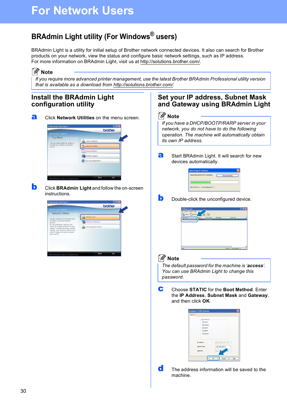 For network users, Bradmin light utility (for windows® users), Install the bradmin light configuration utility | Bradmin light utility (for windows, Users) | Brother MFC 8480DN User Manual | Page 30 / 34