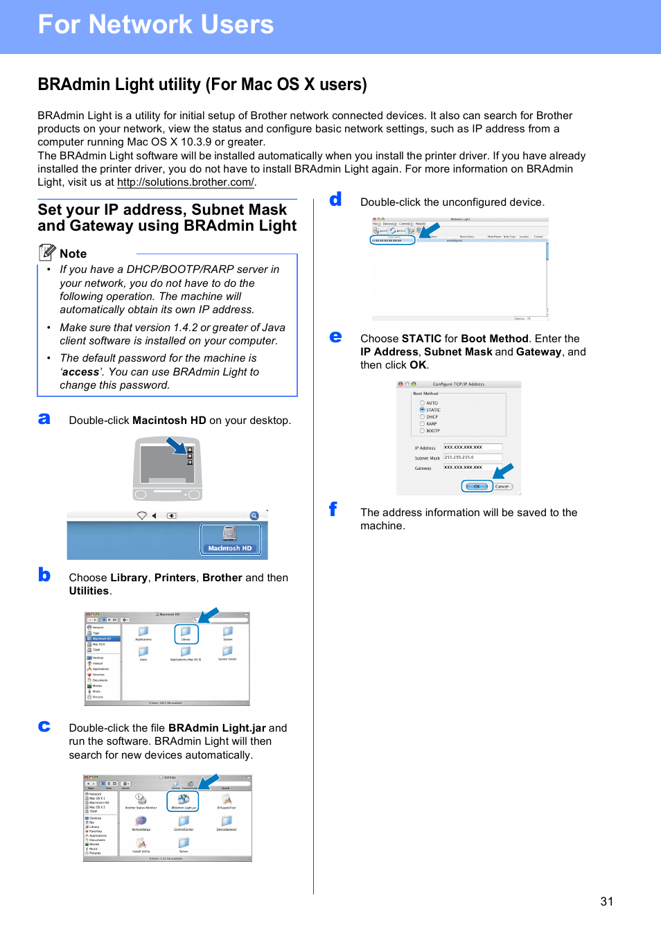 Bradmin light utility (for mac os x users), For network users | Brother MFC 8480DN User Manual | Page 31 / 34