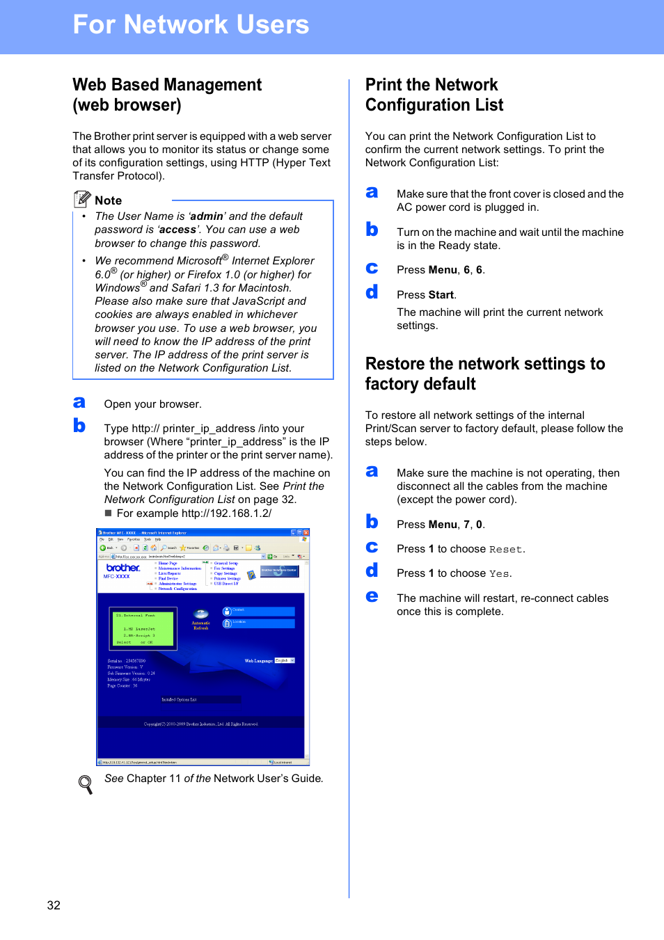 Web based management (web browser), Print the network configuration list, Restore the network settings to factory default | For network users | Brother MFC 8480DN User Manual | Page 32 / 34