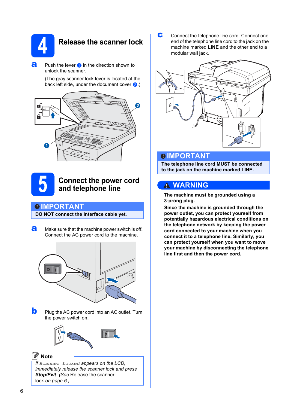 4 release the scanner lock, 5 connect the power cord and telephone line | Brother MFC 8480DN User Manual | Page 6 / 34