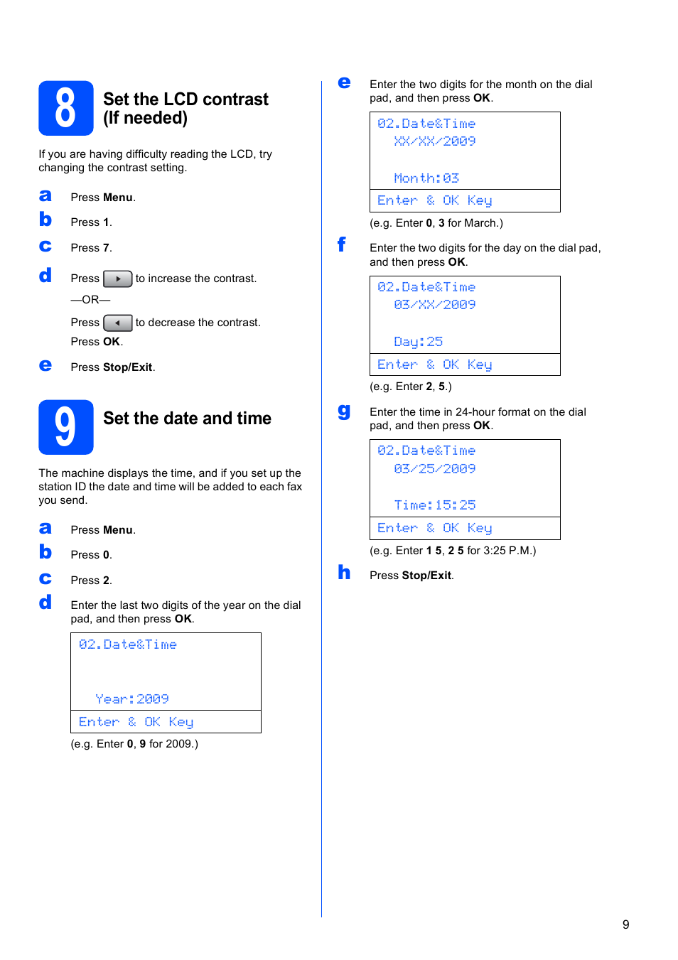 8 set the lcd contrast (if needed), 9 set the date and time | Brother MFC 8480DN User Manual | Page 9 / 34