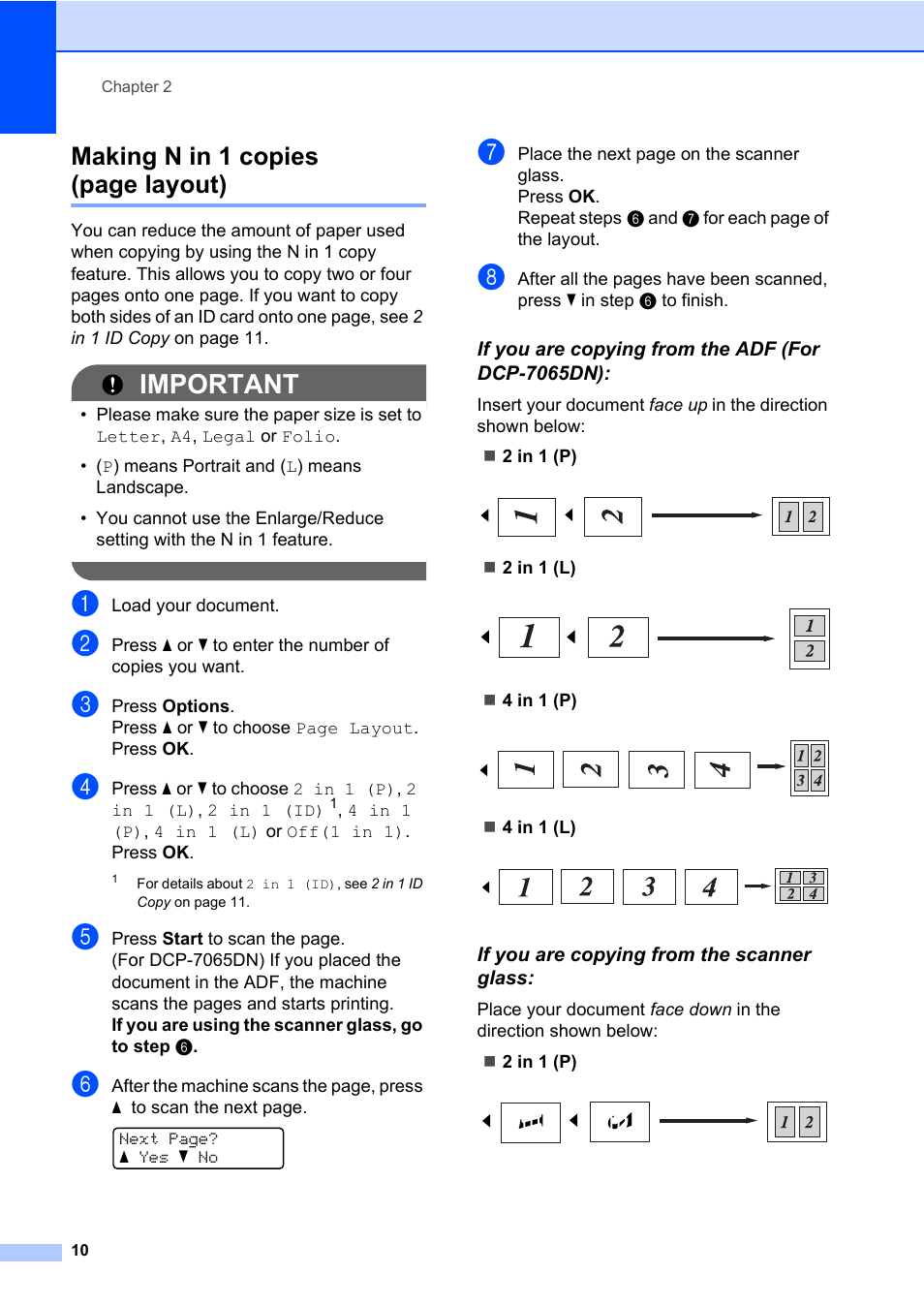 If you are copying from the adf (for dcp-7065dn), If you are copying from the scanner glass, Important | Making n in 1 copies (page layout) | Brother HL-2280DW User Manual | Page 14 / 33