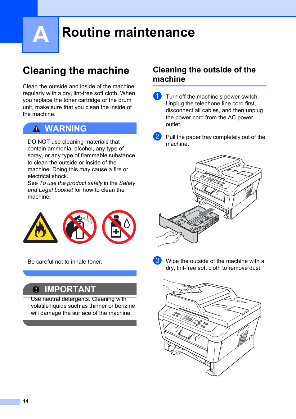 A routine maintenance, Cleaning the machine, Cleaning the outside of the machine | Routine maintenance, Warning, Important | Brother HL-2280DW User Manual | Page 18 / 33
