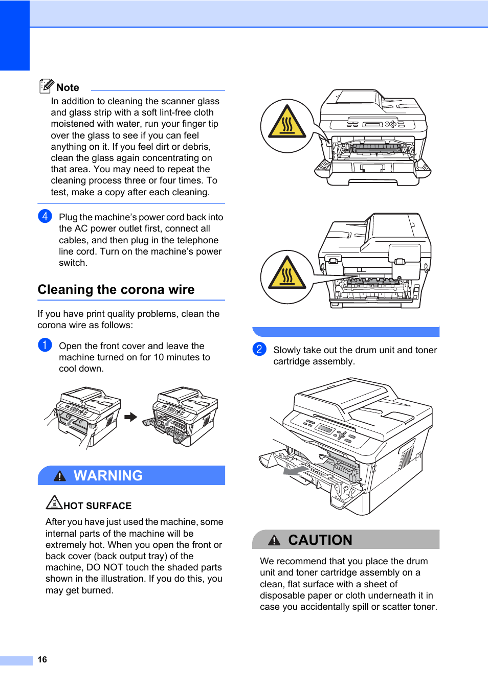 Cleaning the corona wire, Warning, Caution | Brother HL-2280DW User Manual | Page 20 / 33