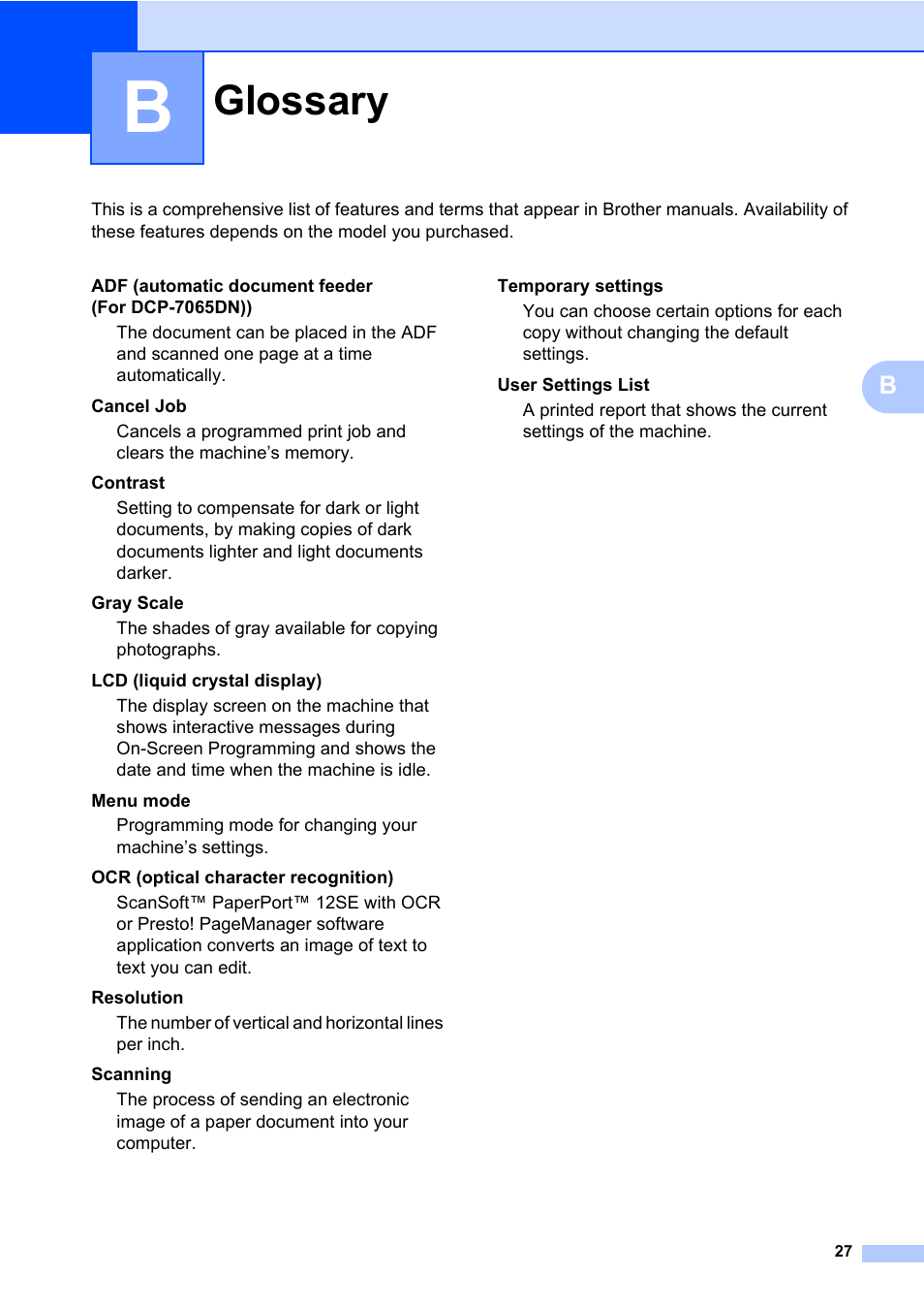 B glossary, Glossary | Brother HL-2280DW User Manual | Page 31 / 33