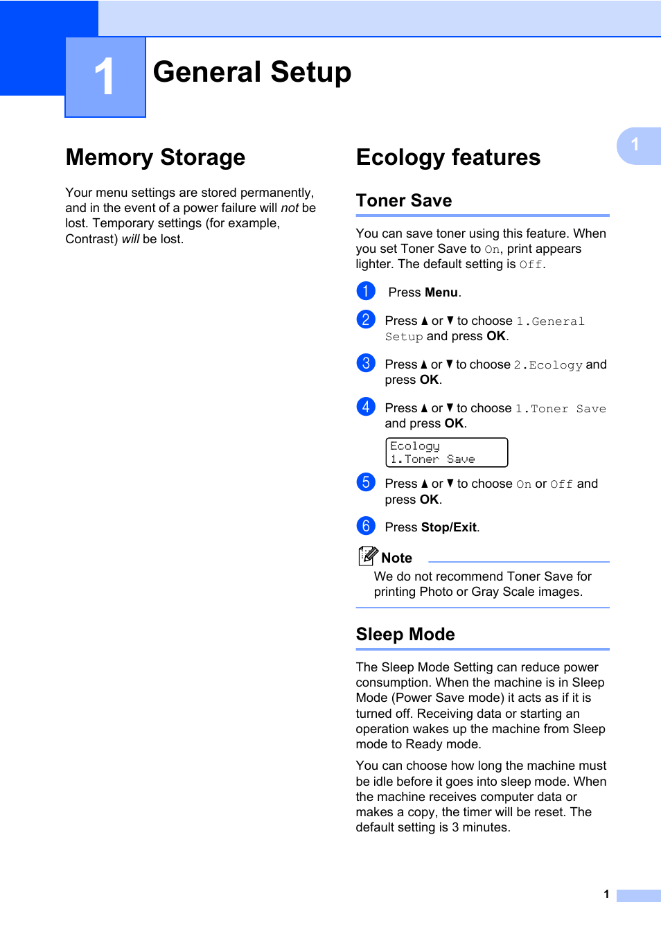 1 general setup, Memory storage, Ecology features | Toner save, Sleep mode, General setup, Memory storage ecology features, Toner save sleep mode | Brother HL-2280DW User Manual | Page 5 / 33