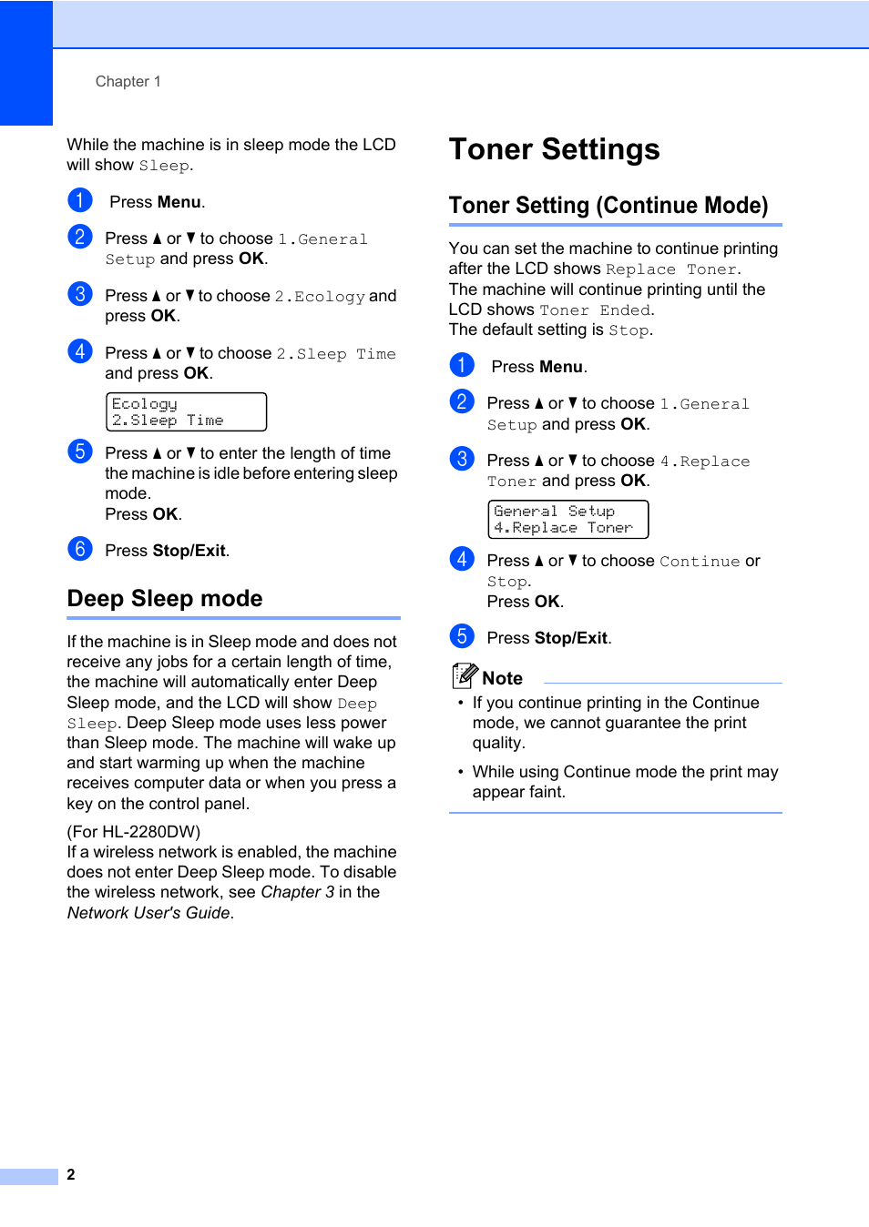 Deep sleep mode, Toner settings, Toner setting (continue mode) | Brother HL-2280DW User Manual | Page 6 / 33