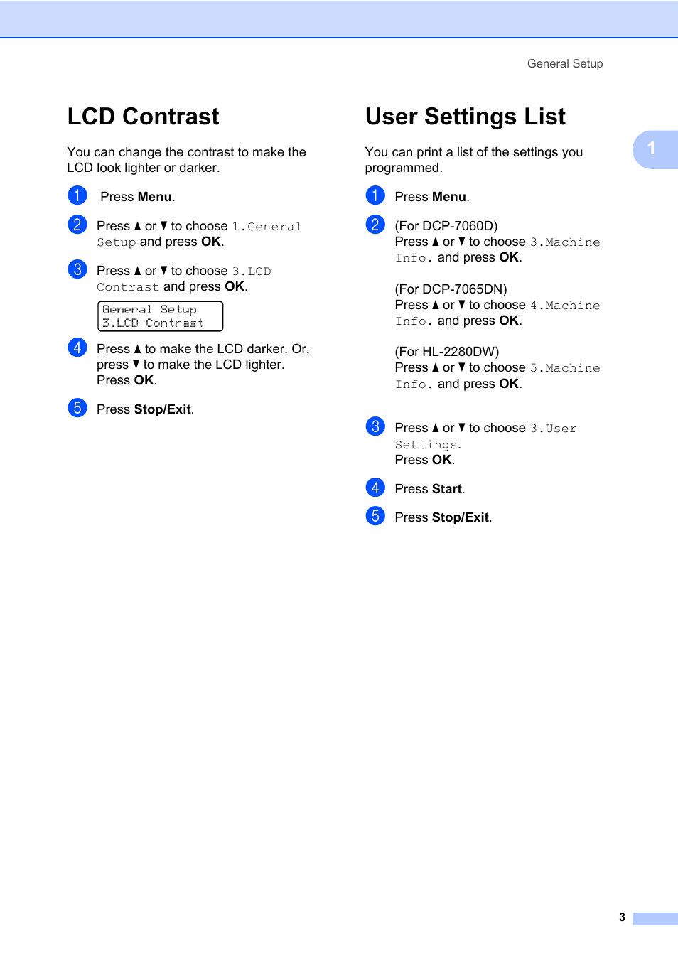 Lcd contrast, User settings list, Lcd contrast user settings list | Brother HL-2280DW User Manual | Page 7 / 33