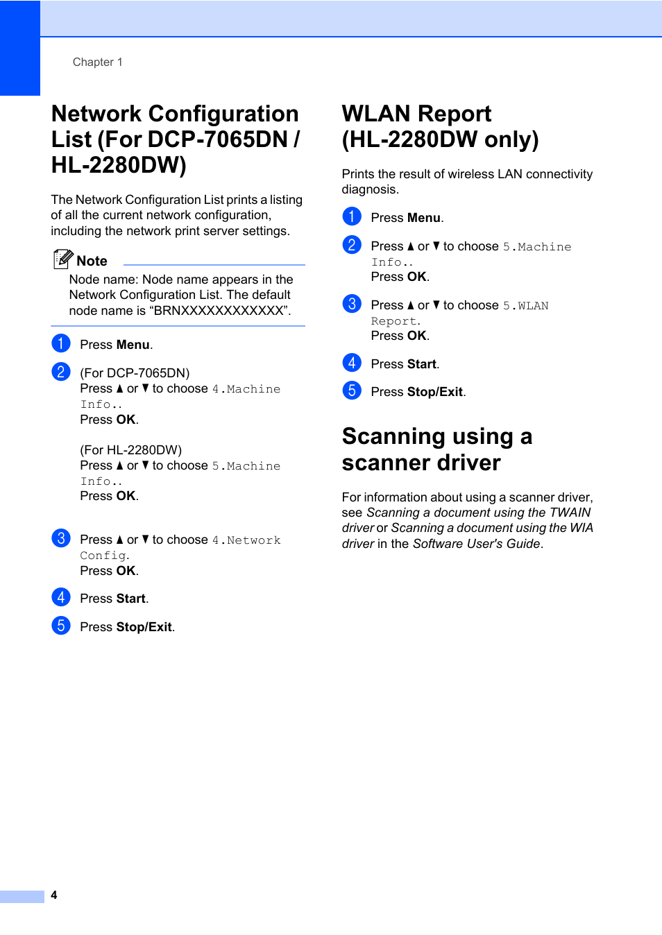 Wlan report (hl-2280dw only), Scanning using a scanner driver | Brother HL-2280DW User Manual | Page 8 / 33