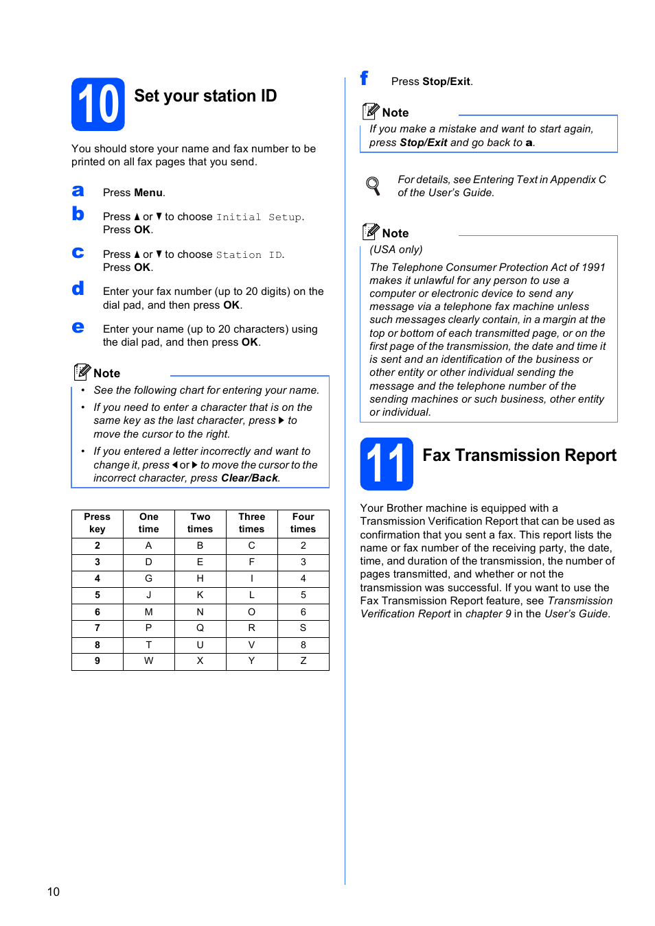 10 set your station id, 11 fax transmission report, Set your station id | Fax transmission report | Brother MFC-5895CW User Manual | Page 10 / 46