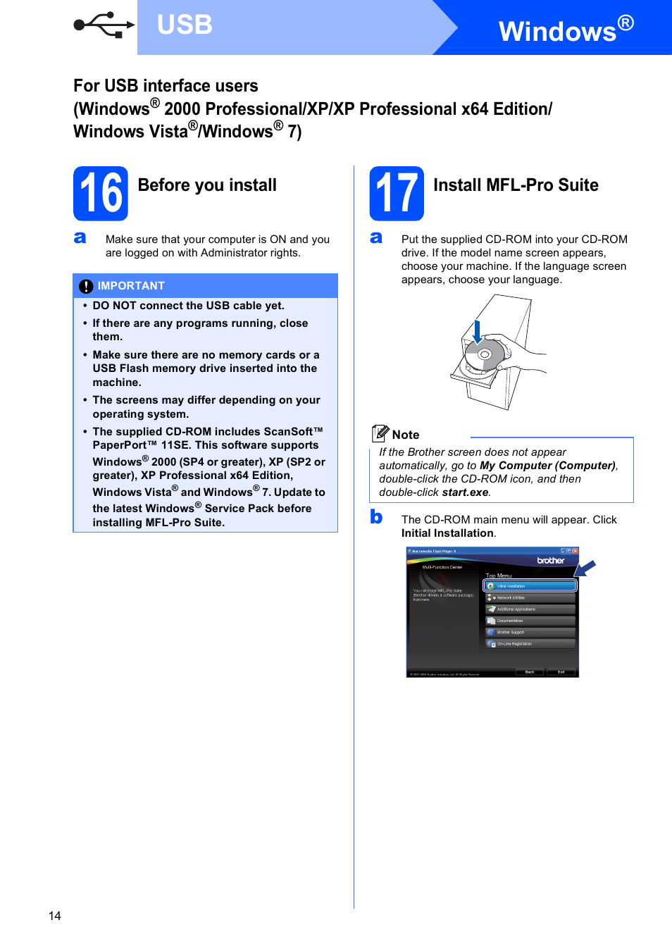 16 before you install, 17 install mfl-pro suite, Windows | Brother MFC-5895CW User Manual | Page 14 / 46