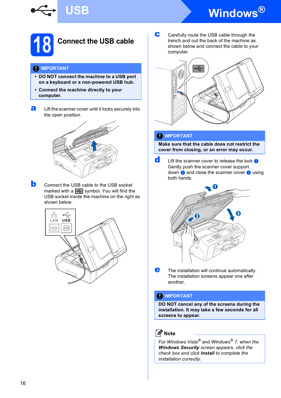 18 connect the usb cable, Windows, Connect the usb cable | Brother MFC-5895CW User Manual | Page 16 / 46