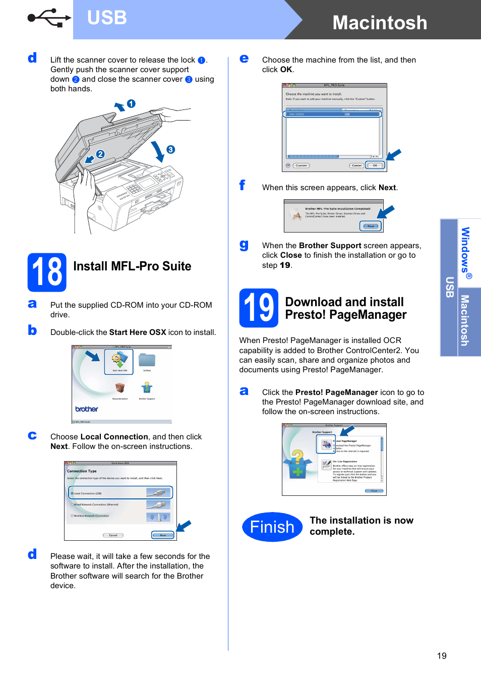 18 install mfl-pro suite, Macintosh usb, Finish | Brother MFC-5895CW User Manual | Page 19 / 46