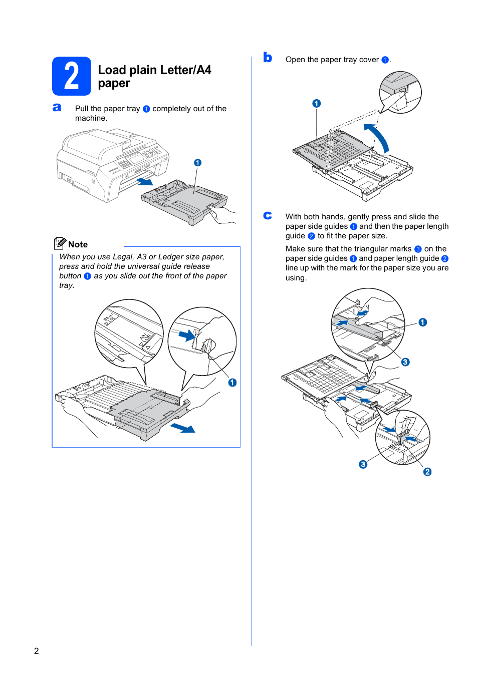 2 load plain letter/a4 paper, Load plain letter/a4 paper | Brother MFC-5895CW User Manual | Page 2 / 46