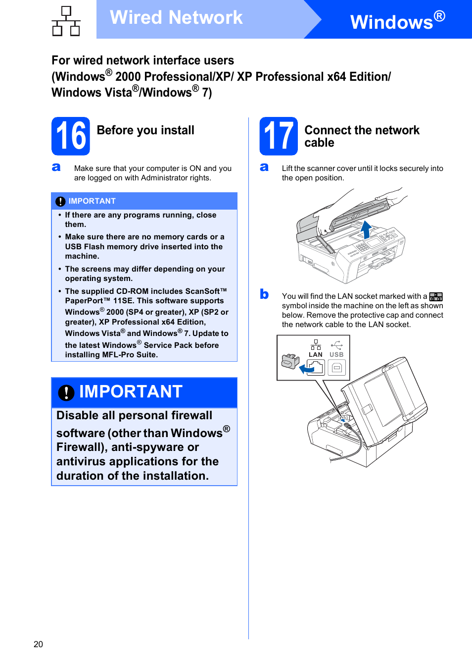 16 before you install, 17 connect the network cable, Windows | Wired network, Important | Brother MFC-5895CW User Manual | Page 20 / 46