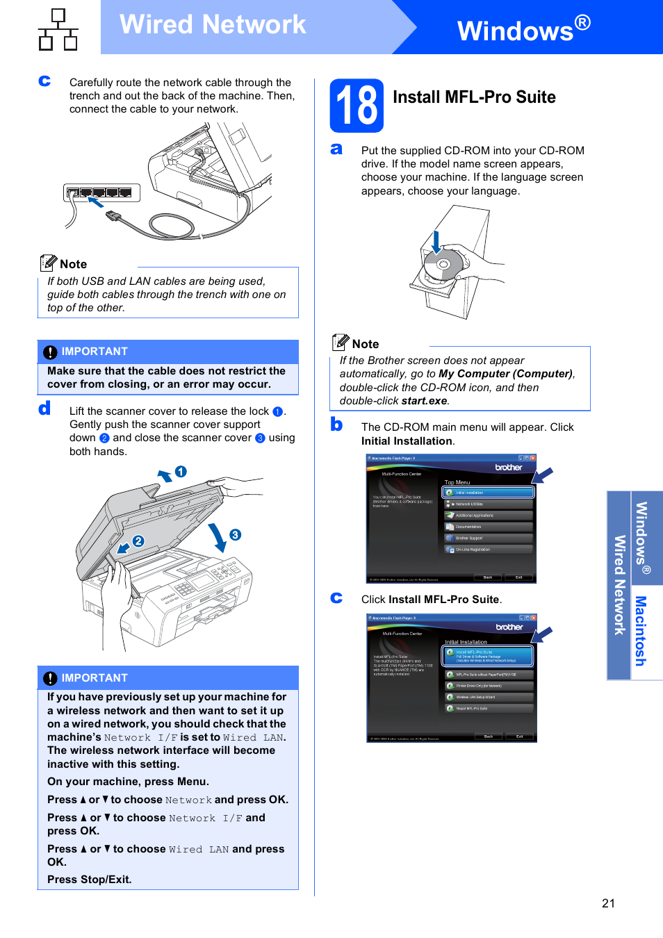 18 install mfl-pro suite, Windows, Wired network | Install mfl-pro suite | Brother MFC-5895CW User Manual | Page 21 / 46