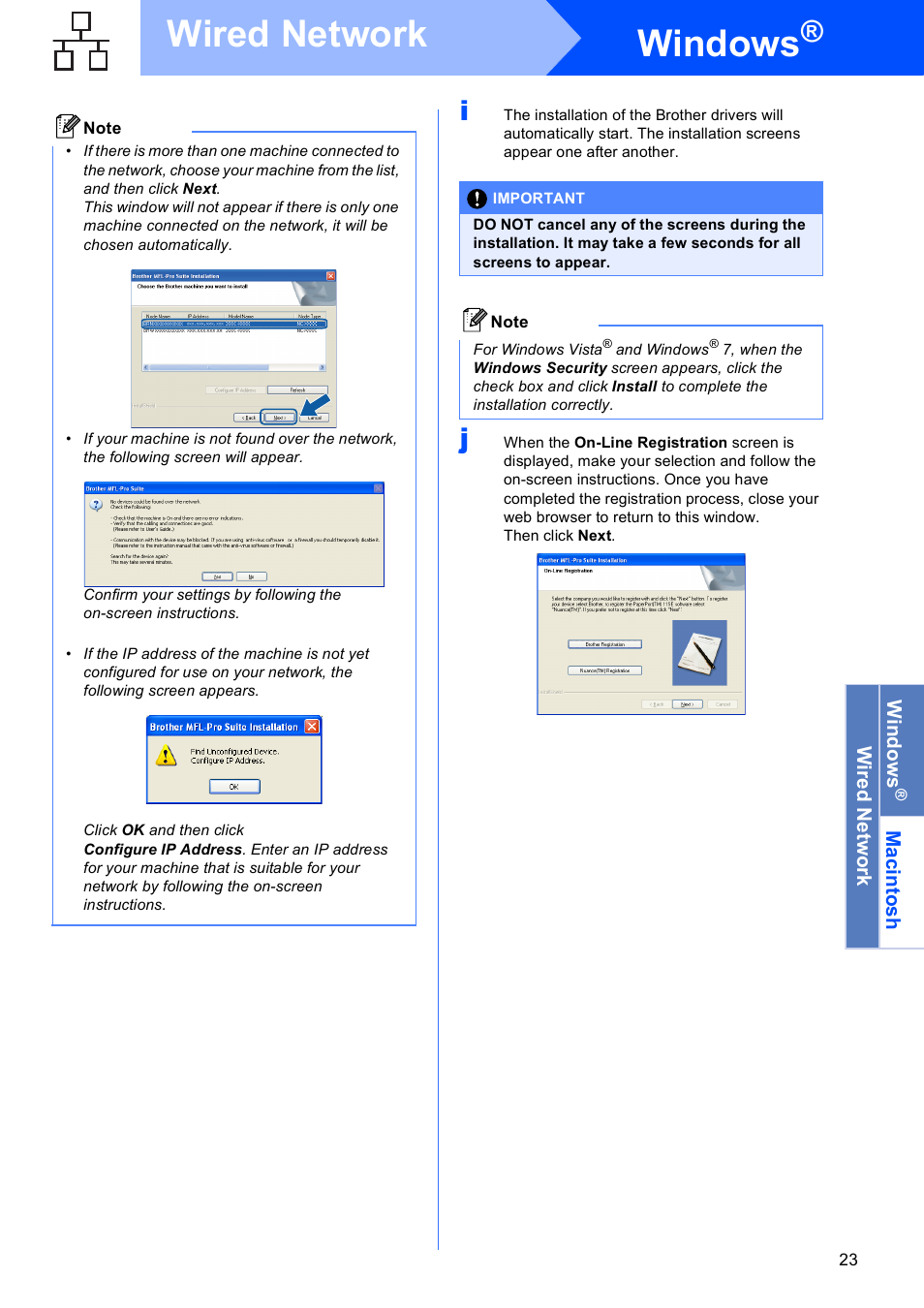 Windows, Wired network | Brother MFC-5895CW User Manual | Page 23 / 46