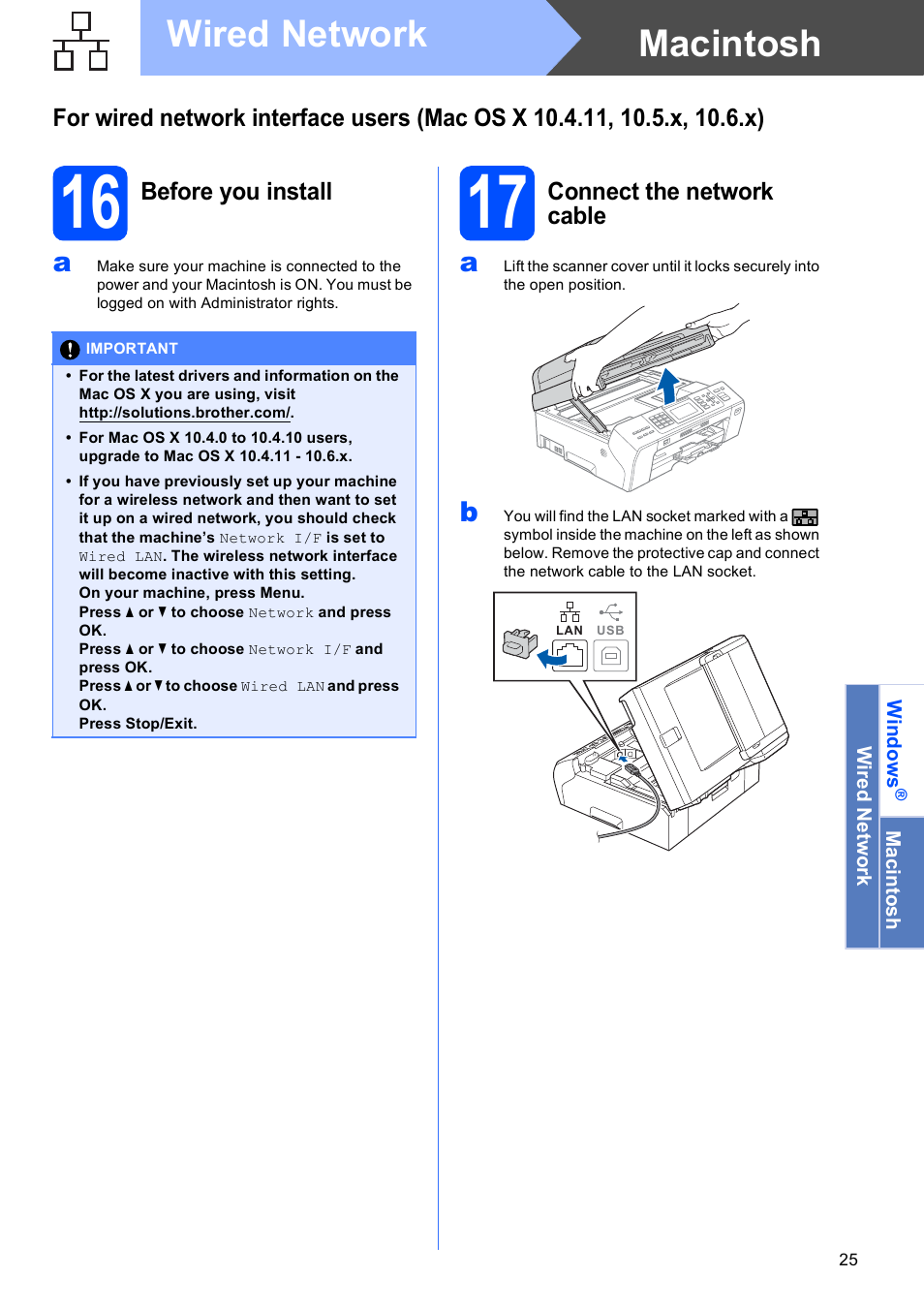 16 before you install, 17 connect the network cable, Macintosh wired network | Brother MFC-5895CW User Manual | Page 25 / 46