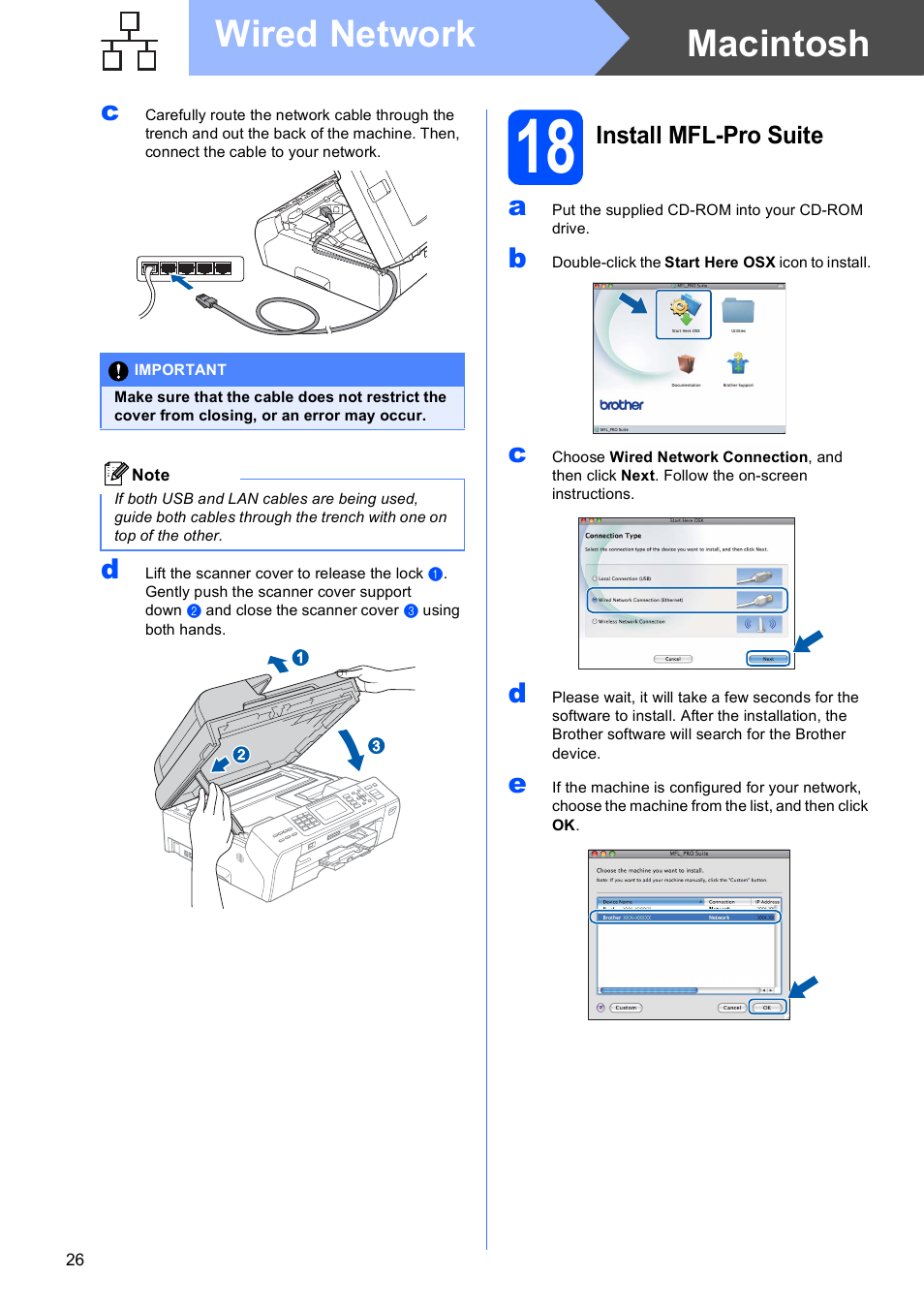 18 install mfl-pro suite, Macintosh wired network, Install mfl-pro suite | Brother MFC-5895CW User Manual | Page 26 / 46