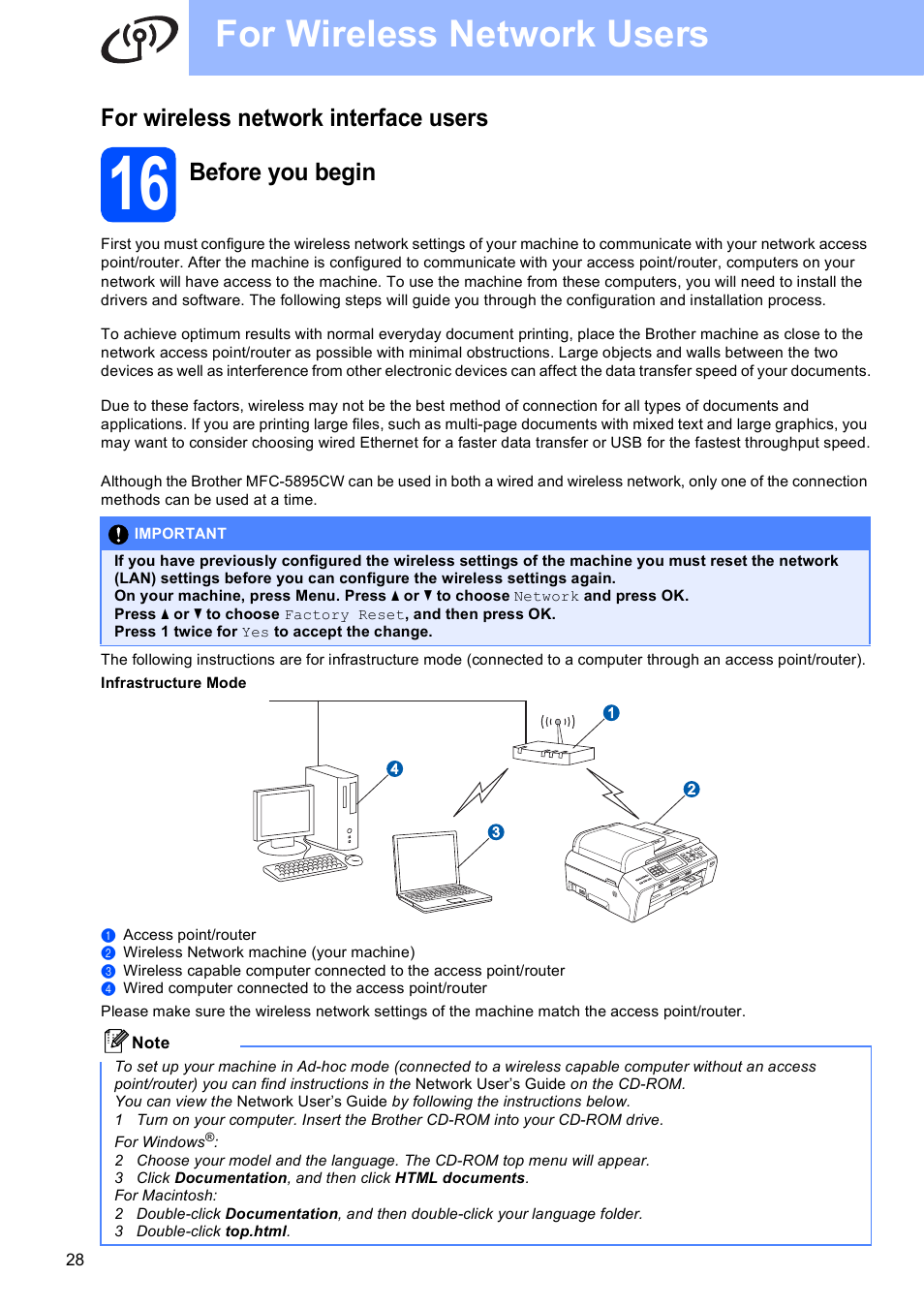For wireless network interface users, 16 before you begin, For wireless network users | Before you begin | Brother MFC-5895CW User Manual | Page 28 / 46