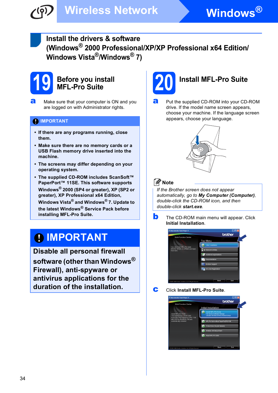 19 before you install mfl-pro suite, 20 install mfl-pro suite, Windows | Wireless network, Important | Brother MFC-5895CW User Manual | Page 34 / 46