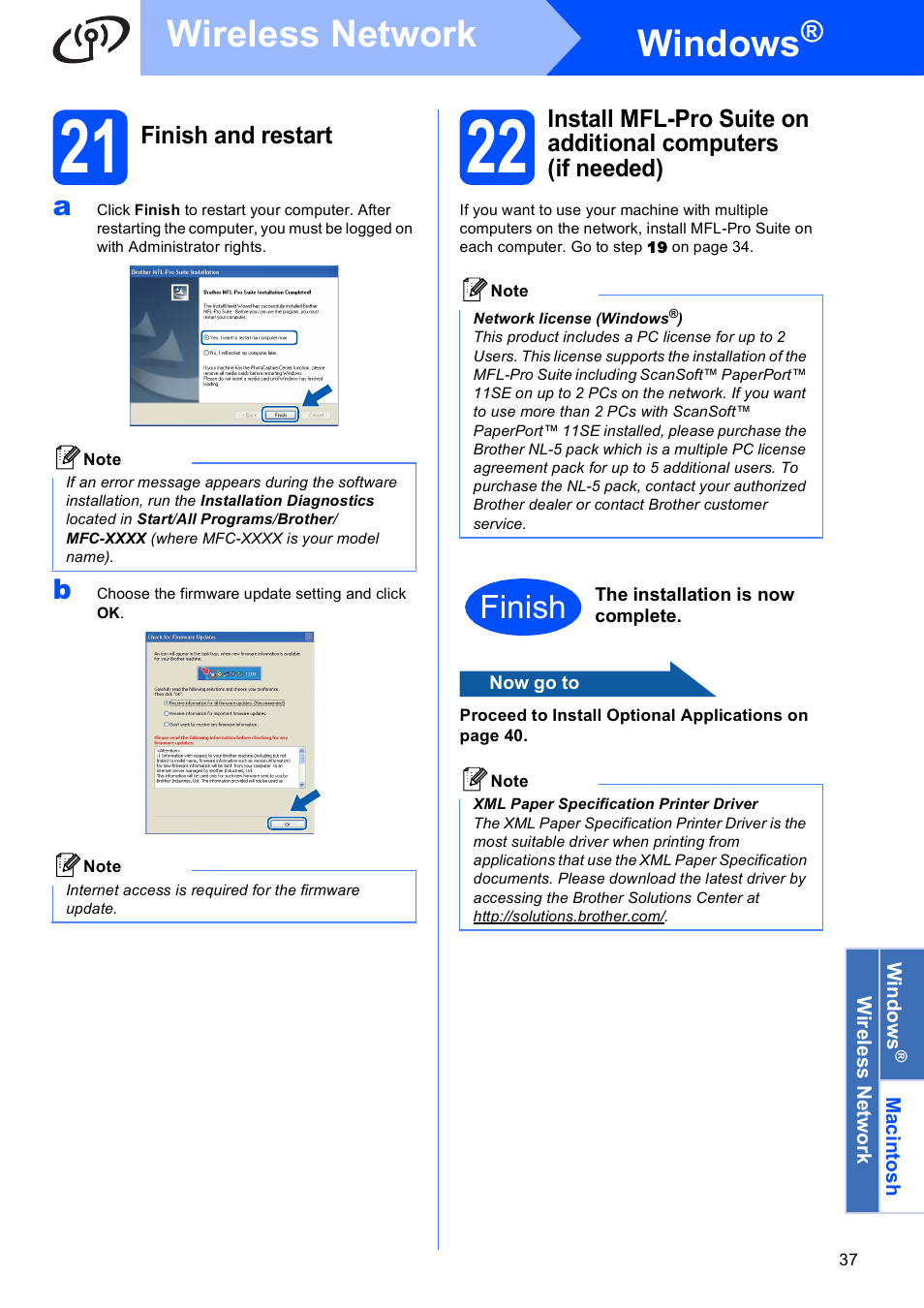 21 finish and restart, Windows, Wireless network | Finish | Brother MFC-5895CW User Manual | Page 37 / 46