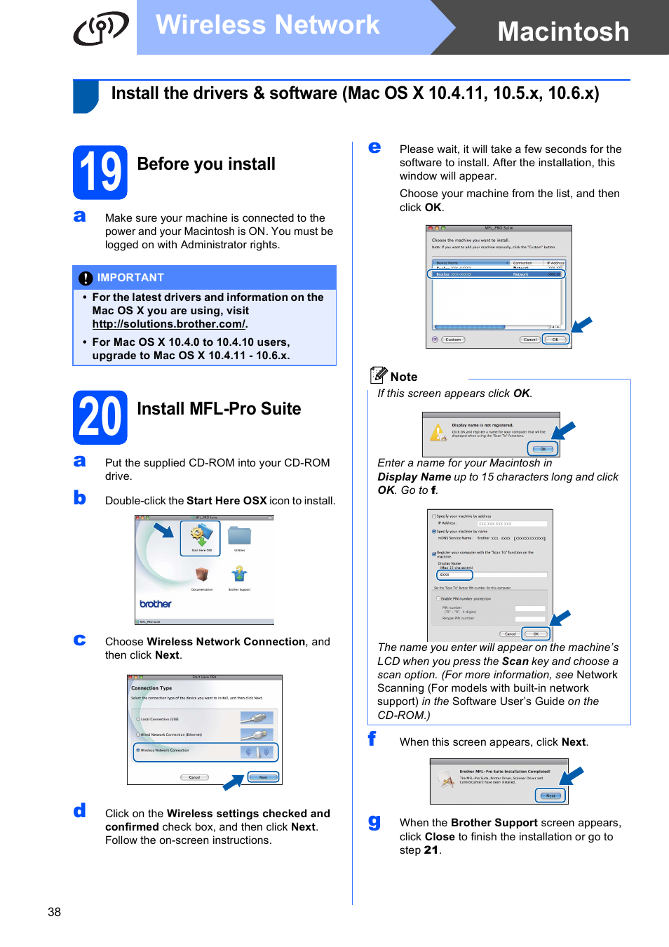 19 before you install, 20 install mfl-pro suite, Macintosh wireless network | Brother MFC-5895CW User Manual | Page 38 / 46