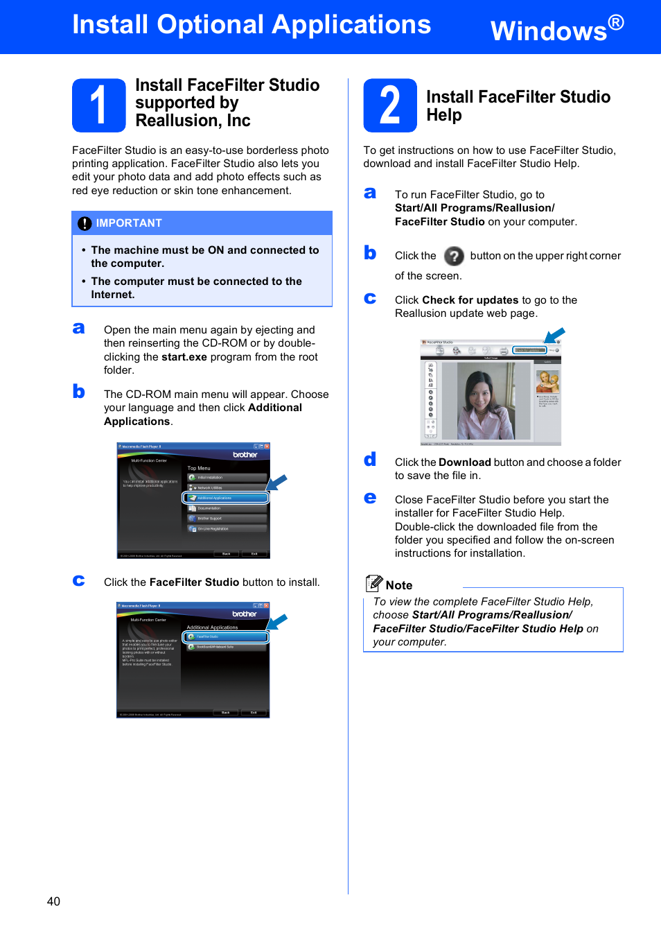 Install optional applications windows, 2 install facefilter studio help, Windows | Install optional applications | Brother MFC-5895CW User Manual | Page 40 / 46