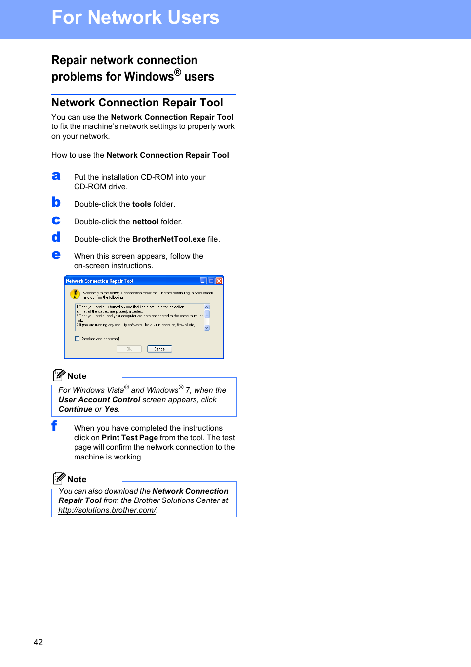 For network users, Network connection repair tool, Repair network connection problems for windows | Users | Brother MFC-5895CW User Manual | Page 42 / 46