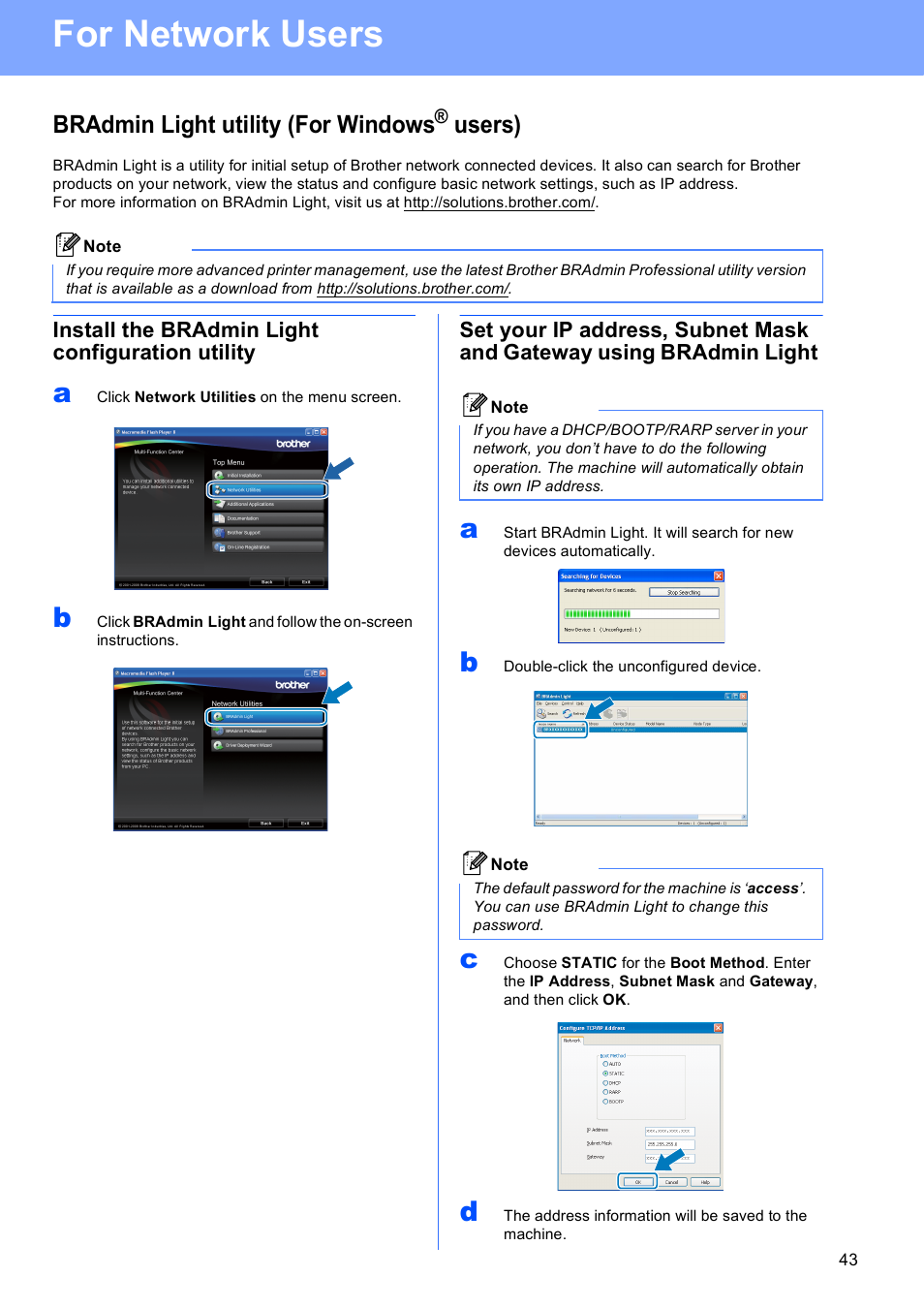 Bradmin light utility (for windows® users), Install the bradmin light configuration utility, For network users | Bradmin light utility (for windows, Users) | Brother MFC-5895CW User Manual | Page 43 / 46